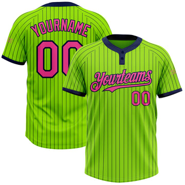 Custom Neon Green Navy Pinstripe Pink Two-Button Unisex Softball Jersey