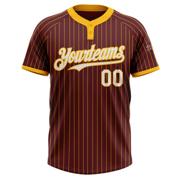 Custom Burgundy Gold Pinstripe White Two-Button Unisex Softball Jersey