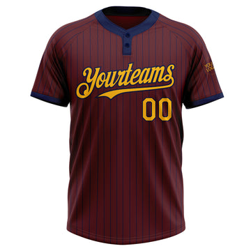 Custom Burgundy Navy Pinstripe Gold Two-Button Unisex Softball Jersey