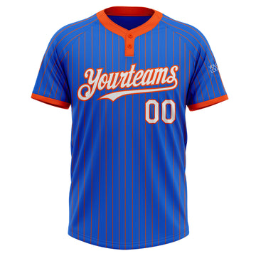 Custom Thunder Blue Orange Pinstripe White Two-Button Unisex Softball Jersey