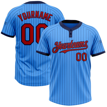 Custom Electric Blue Navy Pinstripe Red Two-Button Unisex Softball Jersey