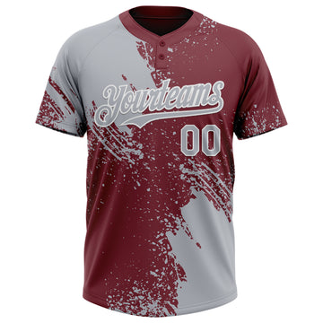 Custom Gray Burgundy-White 3D Pattern Abstract Brush Stroke Two-Button Unisex Softball Jersey