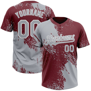 Custom Gray Burgundy-White 3D Pattern Abstract Brush Stroke Two-Button Unisex Softball Jersey