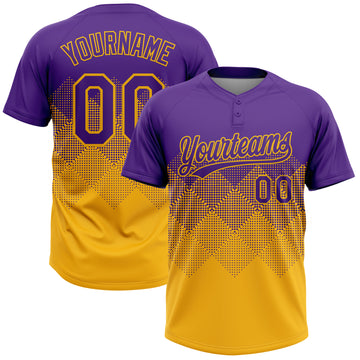 Custom Purple Gold 3D Gradient Square Shape Two-Button Unisex Softball Jersey