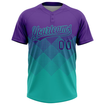 Custom Purple Aqua 3D Gradient Square Shape Two-Button Unisex Softball Jersey