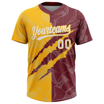 Custom Graffiti Pattern White Burgundy-Gold 3D Scratch Two-Button Unisex Softball Jersey