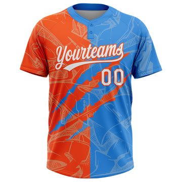 Custom Graffiti Pattern White Electric Blue-Orange 3D Scratch Two-Button Unisex Softball Jersey