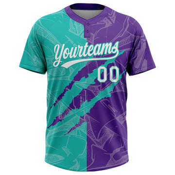 Custom Graffiti Pattern White Purple-Aqua 3D Scratch Two-Button Unisex Softball Jersey