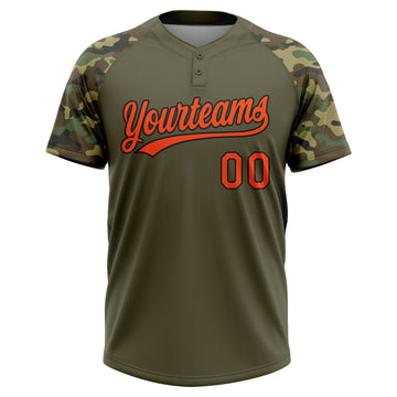 Custom Olive Orange-Black Salute To Service Camo Raglan Sleeves Two-Button Unisex Softball Jersey