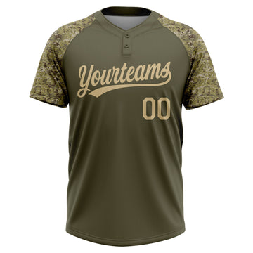 Custom Olive Vegas Gold Salute To Service Camo Raglan Sleeves Two-Button Unisex Softball Jersey