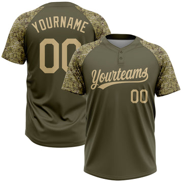 Custom Olive Vegas Gold Salute To Service Camo Raglan Sleeves Two-Button Unisex Softball Jersey