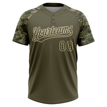 Custom Olive Cream Salute To Service Camo Raglan Sleeves Two-Button Unisex Softball Jersey