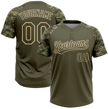 Custom Olive Cream Salute To Service Camo Raglan Sleeves Two-Button Unisex Softball Jersey