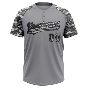 Custom Gray Vintage USA Flag-Black Salute To Service Camo Raglan Sleeves Two-Button Unisex Softball Jersey