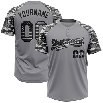 Custom Gray Vintage USA Flag-Black Salute To Service Camo Raglan Sleeves Two-Button Unisex Softball Jersey