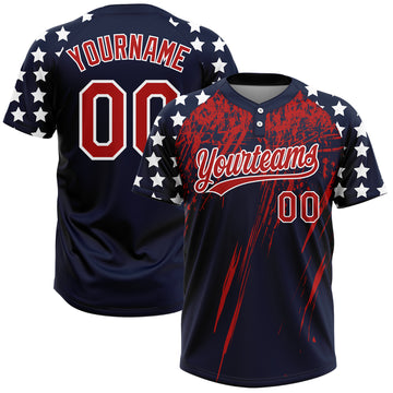 Custom Navy Red-White Distressed Scratch Brush Stroke Star Raglan Sleeves Two-Button Unisex Softball Jersey