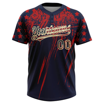 Custom Navy Vintage USA Flag Red-Cream Distressed Scratch Brush Stroke Star Raglan Sleeves Two-Button Unisex Softball Jersey