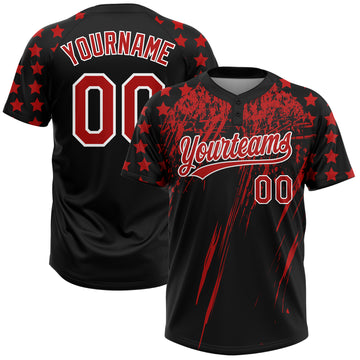 Custom Black Red-White Distressed Scratch Brush Stroke Star Raglan Sleeves Two-Button Unisex Softball Jersey