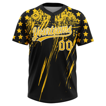 Custom Black Yellow-White Distressed Scratch Brush Stroke Star Raglan Sleeves Two-Button Unisex Softball Jersey