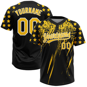 Custom Black Yellow-White Distressed Scratch Brush Stroke Star Raglan Sleeves Two-Button Unisex Softball Jersey