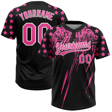 Custom Black Pink-White Distressed Scratch Brush Stroke Star Raglan Sleeves Two-Button Unisex Softball Jersey