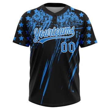 Custom Black Electric Blue-White Distressed Scratch Brush Stroke Star Raglan Sleeves Two-Button Unisex Softball Jersey