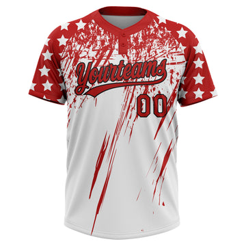 Custom White Red-Black Distressed Scratch Brush Stroke Star Raglan Sleeves Two-Button Unisex Softball Jersey