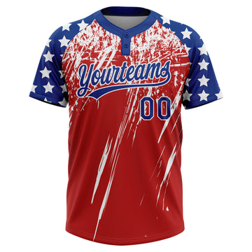 Custom Red Royal-White Distressed Scratch Brush Stroke Star Raglan Sleeves Two-Button Unisex Softball Jersey