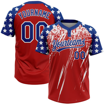 Custom Red Royal-White Distressed Scratch Brush Stroke Star Raglan Sleeves Two-Button Unisex Softball Jersey