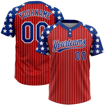 Custom Red White Pinstripe Royal Star Raglan Sleeves Two-Button Unisex Softball Jersey