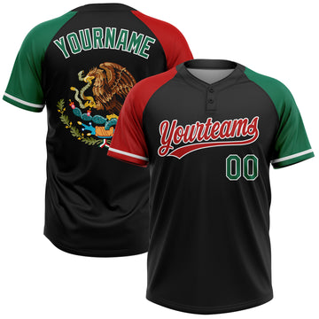Custom Black Kelly Green Red-White Mexico Two-Button Unisex Softball Jersey