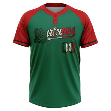 Custom Kelly Green Vintage Mexican Flag Red-Black Mexico Two-Button Unisex Softball Jersey