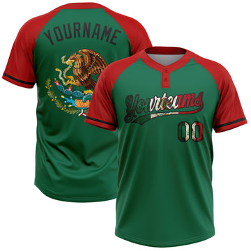 Custom Kelly Green Vintage Mexican Flag Red-Black Mexico Two-Button Unisex Softball Jersey