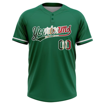 Custom Kelly Green Vintage Mexican Flag-White Mexico Two-Button Unisex Softball Jersey