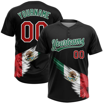 Custom Black Kelly Green Red-White The Abstract Wing With Mexican Flag Two-Button Unisex Softball Jersey