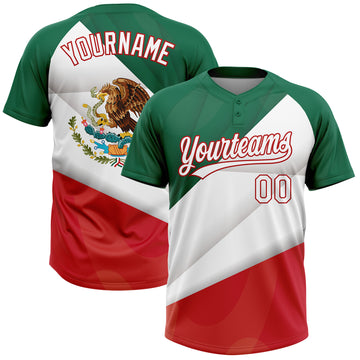 Custom Kelly Green White-Red Mexico Two-Button Unisex Softball Jersey