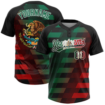Custom Black Vintage Mexican Flag Kelly Green Red-White Mexico Two-Button Unisex Softball Jersey
