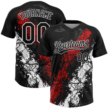 Custom Black Red-White Dripping Splatter Cracked Texture Two-Button Unisex Softball Jersey
