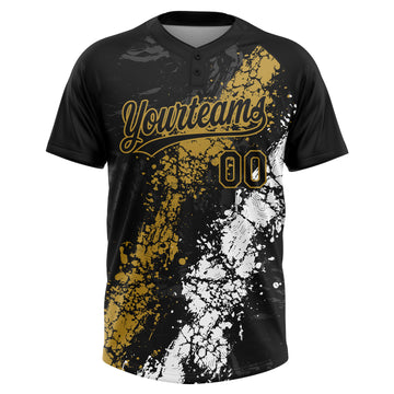 Custom Black Old Gold-White Dripping Splatter Cracked Texture Two-Button Unisex Softball Jersey