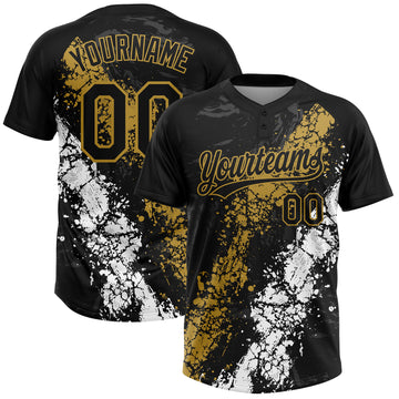 Custom Black Old Gold-White Dripping Splatter Cracked Texture Two-Button Unisex Softball Jersey