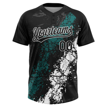 Custom Black Teal-White Dripping Splatter Cracked Texture Two-Button Unisex Softball Jersey