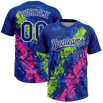 Custom Royal Neon Green Pink-White Dripping Splatter Cracked Texture Two-Button Unisex Softball Jersey