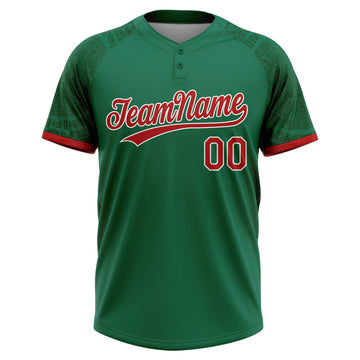 Custom Kelly Green Red-White Ethnic Aztec Mexican Heritage Two-Button Unisex Softball Jersey