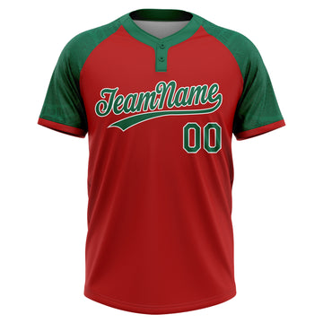 Custom Red Kelly Green-White Ethnic Aztec Mexican Heritage Two-Button Unisex Softball Jersey