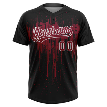 Custom Black Crimson-White Dripping Splatter Paint Two-Button Unisex Softball Jersey