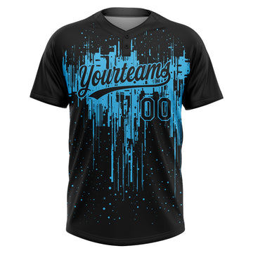 Custom Black Sky Blue Dripping Splatter Paint Two-Button Unisex Softball Jersey