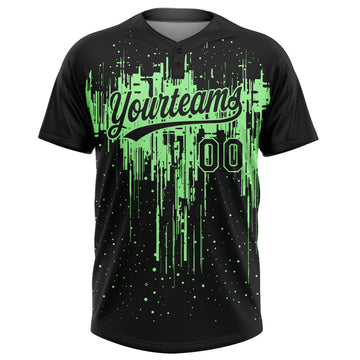 Custom Black Pea Green Dripping Splatter Paint Two-Button Unisex Softball Jersey