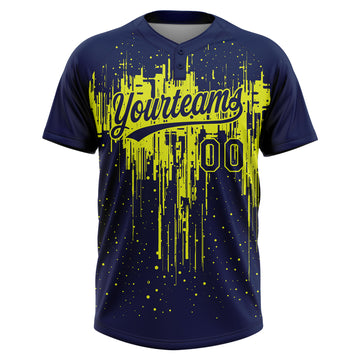 Custom Navy Neon Yellow Dripping Splatter Paint Two-Button Unisex Softball Jersey