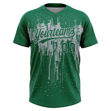 Custom Kelly Green Gray Dripping Splatter Paint Two-Button Unisex Softball Jersey