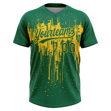 Custom Kelly Green Yellow Dripping Splatter Paint Two-Button Unisex Softball Jersey